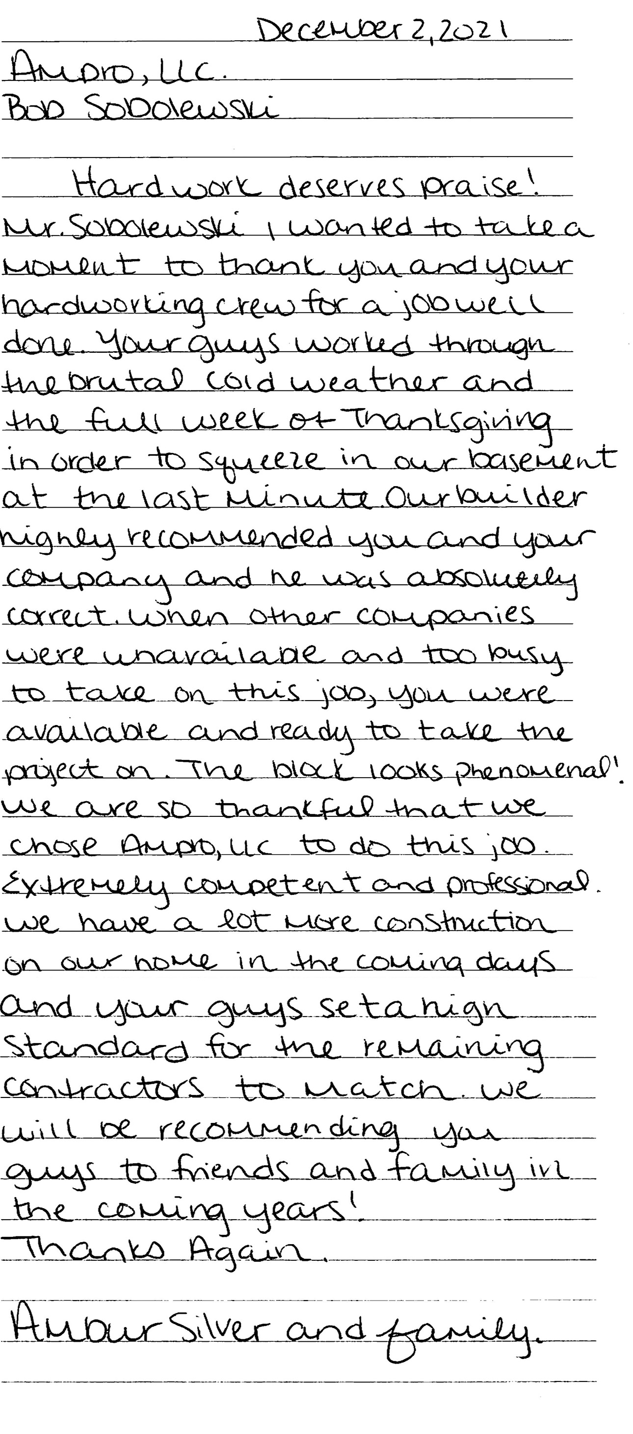 hand written testimonial