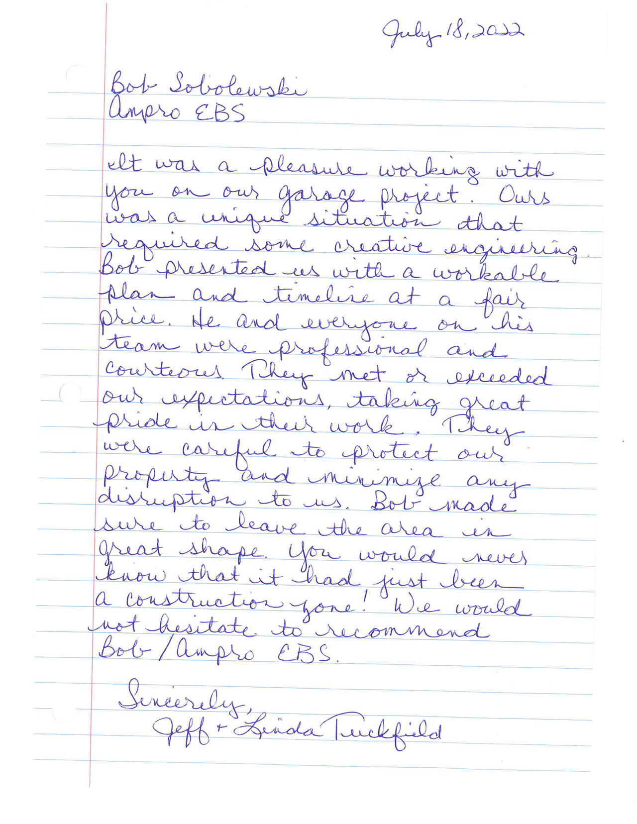 a hand written testimonial